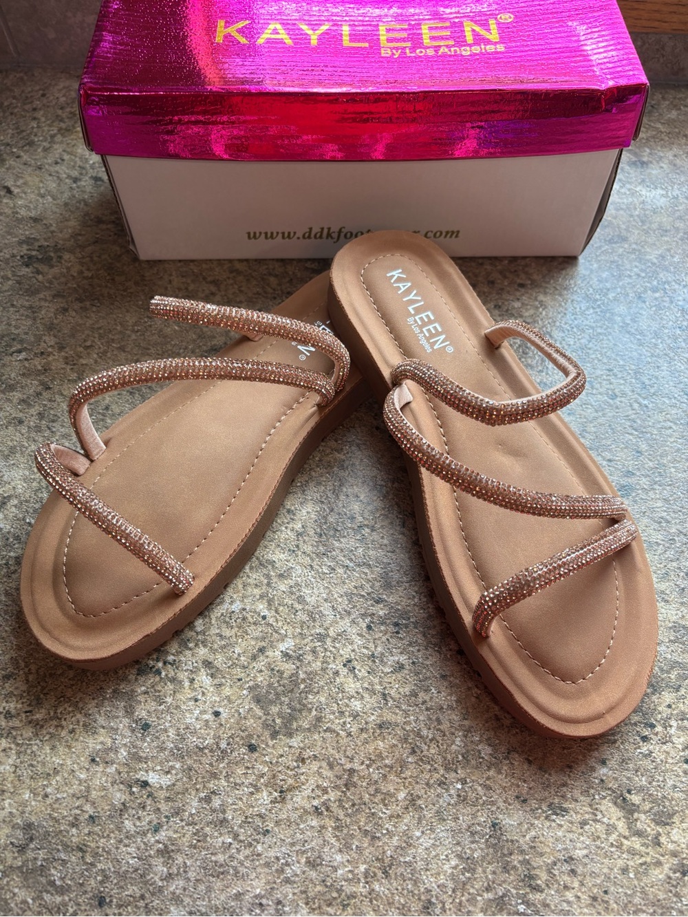 KAYLEEN By Los Angeles Tan Strappy Slide Sandals with Glitter Beaded Straps